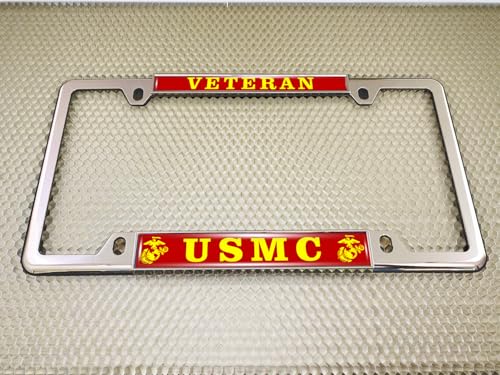 [Officially Licensed US Marine Corps Product] - Veteran USMC with EGA Emblem - Domed Custom-Made Personalized Thin Top 4-Hole Metal Car License Plate Frame with Free caps - Chrome Frame (Qty: 1) - color: Chrome - Style 2
