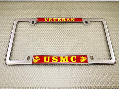 [Officially Licensed US Marine Corps Product] - Veteran USMC with EGA Emblem - Domed Custom-Made Personalized Thin Top 4-Hole Metal Car License Plate Frame with Free caps - Chrome Frame (Qty: 1) - color: Chrome - Style 2