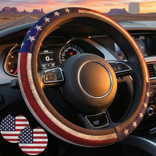 American Flag Steering Wheel Cover - Independence Day American USA Flag Steering Wheel Cover for Men Anti-Slip Breathable Universal for 14-15 Inch Car with 2 Pieces Car Coasters - color: American Flag-1