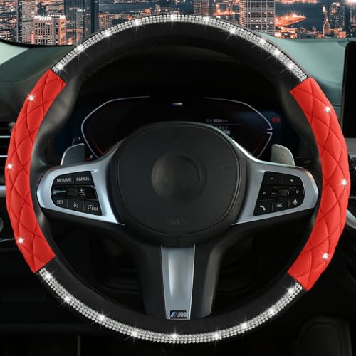Diamond Steering Wheel Cover ，with Bling Crystal Rhinestone,Delicate and Anti-Slip Sparkly Sedan Steering Wheel Cover ，Adaptable to 14.5-15 inches Car Wheel Protector for Women Girl ，Black & Red - color: Black+Red