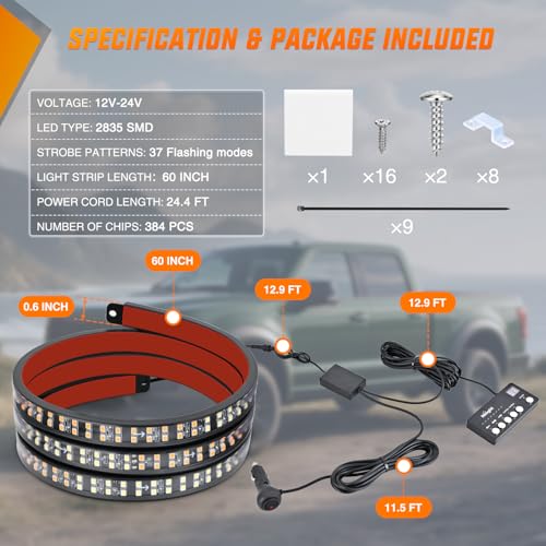 Nilight 60 Inch Emergency Strobe Light Strips with Controller, 384LED Flashing Warning Hazard Safety for Rear Window Tailgate on Truck Trailer Construction Plow Pickup Tow SUV Vehicles, Amber White - color: 60" Tailgte Strobe w/ Controller Amber White