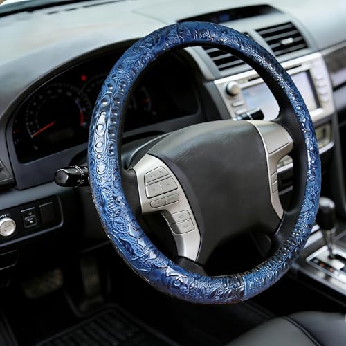 15 Inch Leather Steering Wheel Cover Crocodile Pattern - Four Seasons Universal Anti-Slip Durable Smooth Texture Hand-Made, Easy to Grip & Install Sport Handle for Men Auto Interior Accessory (Blue) - color: Blue