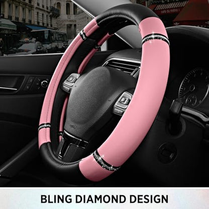 Road Comfort Leather Steering Wheel Cover – Premium Anti-Slip Car Steering Wheel Grip Cover – Universal Fit for 14.5”–15” Cars, Trucks & SUVs - Pink - color: Pink