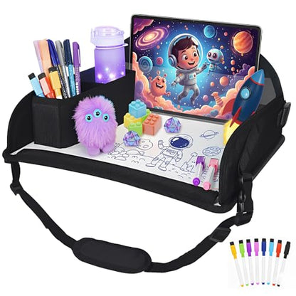 Upgraded Kids Travel Tray for Airplane - Toddler Car Seat Table Tray, Road Trip Essentials for Boys & Girls, Carseat Lap Desk for Kids Road Trip Activities, Black - color: Black