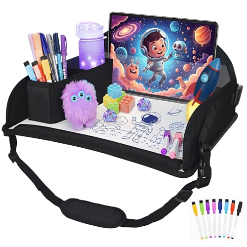 Upgraded Kids Travel Tray for Airplane - Toddler Car Seat Table Tray, Road Trip Essentials for Boys & Girls, Carseat Lap Desk for Kids Road Trip Activities, Black - color: Black