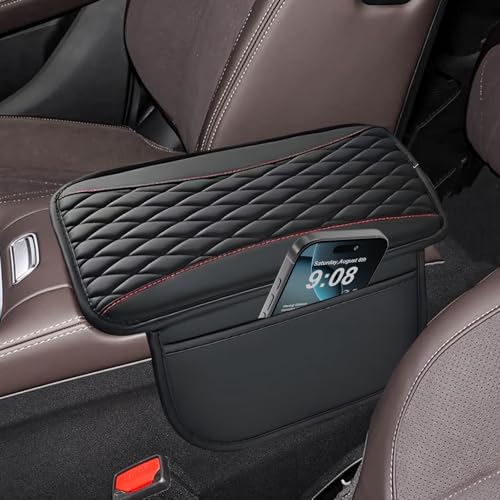 Center Console Cover, Patchwork Leather Arm Rest Cover with Storage Bag Thin Middle Console Cover Arm Rest Pad, Car with Side Storage Pocket for Car Seat Organizer for Sedan Car 12.7" x 7.5"(Black) - color: black