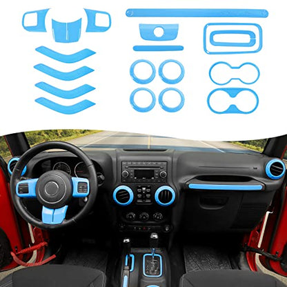 CheroCar 18PCS Interior Trim Kit for Jeep Wrangler JK JKU 2011-2018 4 Door,Steering Button Frame, Air Conditioning Vent Trim Cup Holder Cover,Gear Shift Knobs Frame,Ligth Blue… - color: Light Blue