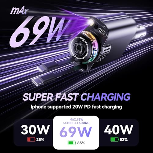 Retractable Car Charger with Aromatherapy and Starlight, 5 in 1 USB C Car Charger Adapter, 69W Fast Charging Cars Phone Chargers, Cars Air Freshener Compatible with iPhone 16 15 14 13 12 (Black) - color: Black