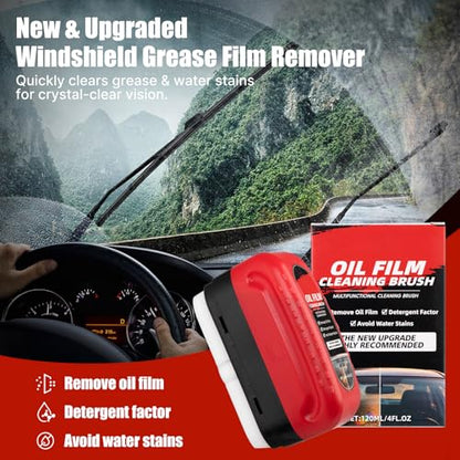 2-Pack Car Window Oil Film Remover & Windshield Cleaner Brush - Clear Vision Glass Cleaner Tool with Water Repellent, Removes Waxes, Oils & Road Film for Safe Driving