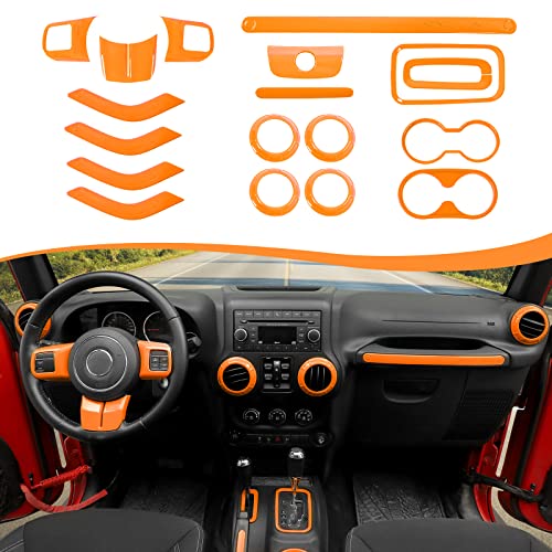 CheroCar 18PCS Interior Trim Kit for Jeep Wrangler JK JKU 2011-2018 4 Door,Steering Button Frame, Air Conditioning Vent Trim Cup Holder Cover,Gear Shift Knobs Frame,Orange… - color: Orange