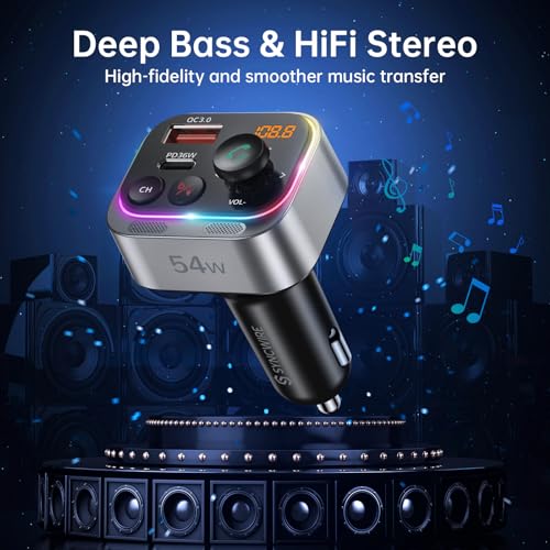 Syncwire Bluetooth 5.4 FM Transmitter Car Adapter 54W (PD 36W & 18W) [Stronger Dual Mics] [Light Switch] [HiFi Bass Sound] [Fast Charging] Wireless Radio Receiver Hands-Free Calling LED Display - color: Silver