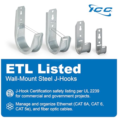 ICC 3/4-Inch Wall Mount J-Hook – 25-Pack, Cable Support 3/4" J Hooks Without Retainer Clips, Galvanized Steel with Zinc Finish – for Structured Cabling and Cable Management - size: 3/4 in, style: Wall Mount