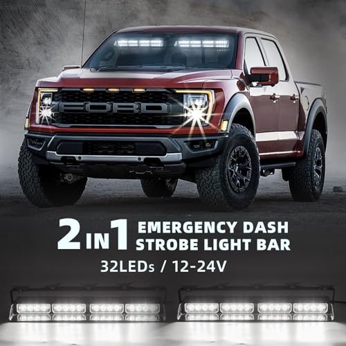 2 in 1 LED Emergency Dash Strobe Light Bar Front/Rear Windshield Safety Flashing Warning Hazard Interior Lights for Police Firefighter Construction Vehicles Trucks (2x14 inch, White/White) - color: #09 White/White