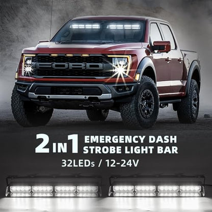 2 in 1 LED Emergency Dash Strobe Light Bar Front/Rear Windshield Safety Flashing Warning Hazard Interior Lights for Police Firefighter Construction Vehicles Trucks (2x14 inch, White/White) - color: #09 White/White