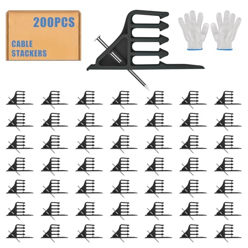 Cable Stackers 200Pcs, Cable Stapler Clips with Steel Nails, Multi-Purpose Electrical Wire Stackers, Insulated Cord Staples for Most Cable Types, Easy-to-Install - color: 200Pcs-Black