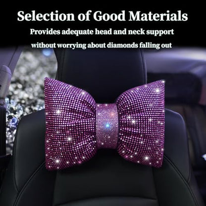 Car Pillow Headrest Auto Seat Headrest Cushion with Bow Tie Sparkly Bling Bling Rhinestone Accessories for Women Girls and Ladies Travel Comfort Head and Neck Rest Pink 2Pcs - color: Pink