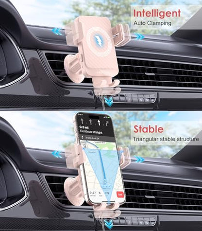 Wireless Car Charger, MOKPR 15W Fast Charging Auto-Clamping Car Charger Phone Mount Air Vent Cell Phone Holder Compatible iPhone 16/15/14/13/13 Pro/12 pro/12/11, for Samsung Galaxy S23/S22/S21, Pink - color: Pink