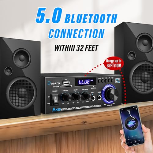 Daakro AK45 Stereo Audio Amplifier,300W Home 2 Channel Wireless Bluetooth 5.0 Power Amplifier System, Home Amplifiers FM Radio, USB, SD Card, with Remote Control Home Theater Audio Stereo System