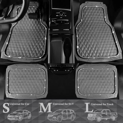 CAR PASS Bling Diamond Rubber Car Mats, Heavy Duty Deep Dish All-Weather Floor Mat Full Set Anti-Slip 3D Rhombus Waterproof Trim Fit Liner Universal Glitter Sparkly Shining Rhinestone, Gray Rubber - color: Gray Diamond