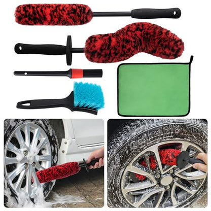 5 Pack Car Wheel and Tire Cleaner Brushes Kit Auto Motorcycle Rim Ultra Soft Microfiber No Spatter Bendable Woolies Bristle Cleaning Set (Red & Black) - color: Red & Black