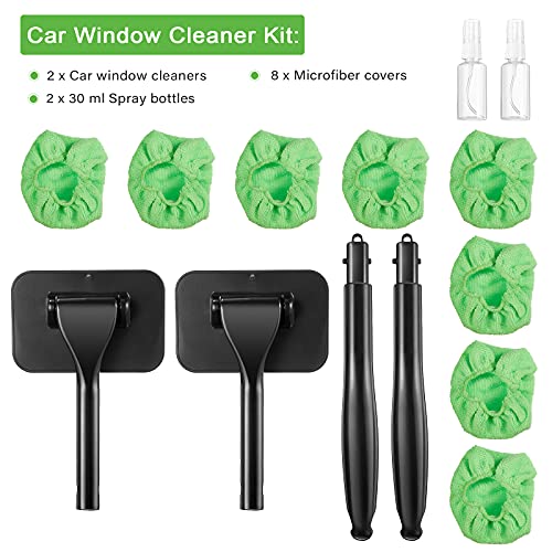 Frienda 2 Set Windshield Cleaner Tool Inside Car Windshield Cleaning Wand Auto Window Cleaner with Detachable Handle, 8 Reusable Microfiber Pads and 2 Spray Bottles for Car Interior(Green) - color: Green