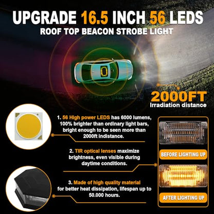 ASPL 16.5 Inch Roof Top Beacon Emergency Strobe Light with Controller 56 LED Magnetic Warning Caution lights bar Traffic Hazard Plow Light for Trucks Vehicles Construction Snowplow (Amber/Green) - color: Amber/Green
