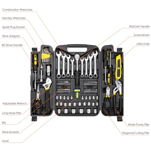 TLGREEN 95 Piece Tool Set, Tool Kit, Mechanics Tool Set, Portable Toolbox with Adjustable Wrench Pliers Socket Bits, with Plastic Toolbox Storage Case, for House Apartment Garage (Yellow) - color: Yellow