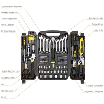 TLGREEN 95 Piece Tool Set, Tool Kit, Mechanics Tool Set, Portable Toolbox with Adjustable Wrench Pliers Socket Bits, with Plastic Toolbox Storage Case, for House Apartment Garage (Yellow) - color: Yellow