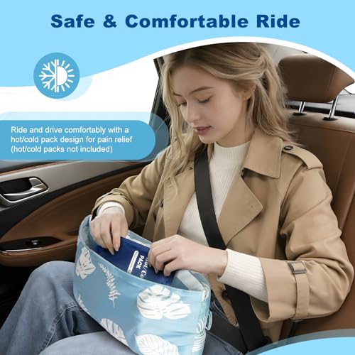 supregear Abdominal Seatbelt Pillow, Soft Smooth Cover Seatbelt Cushion with Hot/Cold Pack Pocket for Gentle Comfort and Pressure Relief During Travel or Recovery (Blue Monstera Pattern) - color: Blue Monstera Pattern (Smooth Cover)