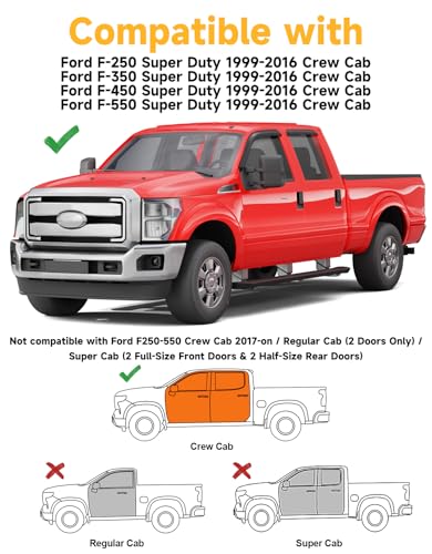 Outside-Mount Window Rain Guards Fit for Ford F250/F350/F450/F550 1999-2016 CrewCab, Extra Durable Window Visors Wind Deflector Dark Smoke Vent Shades Car Tape-on with Thicker 4PCS - size: Fit for 1999-2016 Ford F250/F350/F450/F550