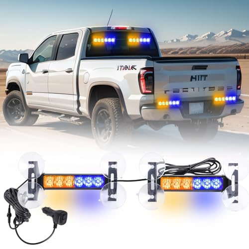 2X 6.1 inch Emergency Strobe Lights Amber/Blue 12 LED Warning Flashing Safety Dash Front/Rear Windshield Lights Grill Surface Mount for Police Firefighter Ambulance Vehicles Trucks - color: Amber/Blue
