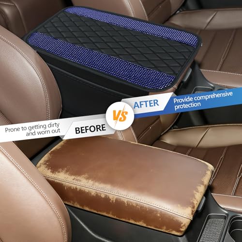 Bling Leather Car Center Console Cover, 12.2"×7.48" Crystal Rhinestone Automotive Arm Rest Cover with Side Pockets, Universal Vehicle Armrest Protector, Interior Car Accessories (Royal Blue) - color: Royal Blue