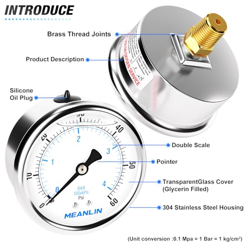MEANLIN MEASURE 0~60Psi Stainless Steel 1/4" NPT 2.5" FACE DIAL Liquid Filled Pressure Gauge, Pool Sand Filter Pressure Test Center Back Mount, with 1/2" NPT and 3/8" NPT Hex Bushing - size: 0-60Psi