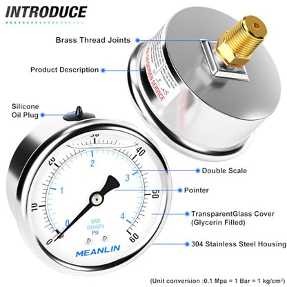 MEANLIN MEASURE 0~60Psi Stainless Steel 1/4" NPT 2.5" FACE DIAL Liquid Filled Pressure Gauge, Pool Sand Filter Pressure Test Center Back Mount, with 1/2" NPT and 3/8" NPT Hex Bushing - size: 0-60Psi