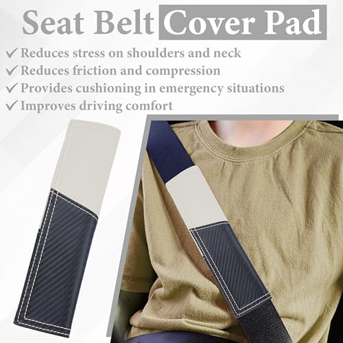 ecocstm 2 PCS Car Seat Belt Cover Pad, Carbon Fiber Safety Seatbelt Shoulder Strap Covers, Breathable Leather Soft Harness Pad, Interior Car Accessories, Universal for SUV, Truck, RV (Beige&Black - color: Beige