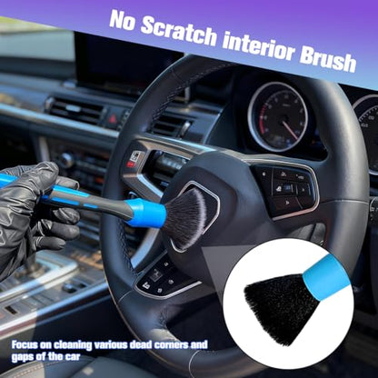 3PCS Car Detailing Brush Set, Ultra Soft Scratch-Free Boar Hair Detailing Brushes with Elbow, Auto Interior Exterior Cleaning Tool for Wheel Air Vent Leather Seat, Universal Fit (Blue) - color: Blue