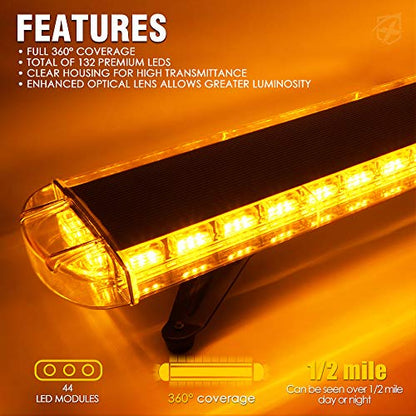 Xprite 48 Inch LED Amber Rooftop Emergency Warning Lights Bar 16 Strobe Patterns w/Adjustable Mounting Brackets for Vehicles, Security, Law Enforcement, Snowplow, Tow Trucks, Crane, Construction Cars - color: Amber