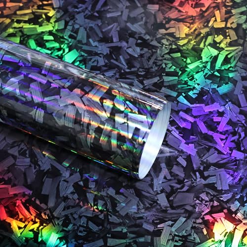 Lypumso Holographic Forged Carbon Fiber Vinyl Wraps, Silver Rainbow Laser Vinyl Wraps for Cars, High Gloss Exterior Interior Decorative Film, Premium DIY Cast Film Self-Adhesive Stickers 1ft x 5ft - color: Holographic Silver, size: 1ft x 5ft