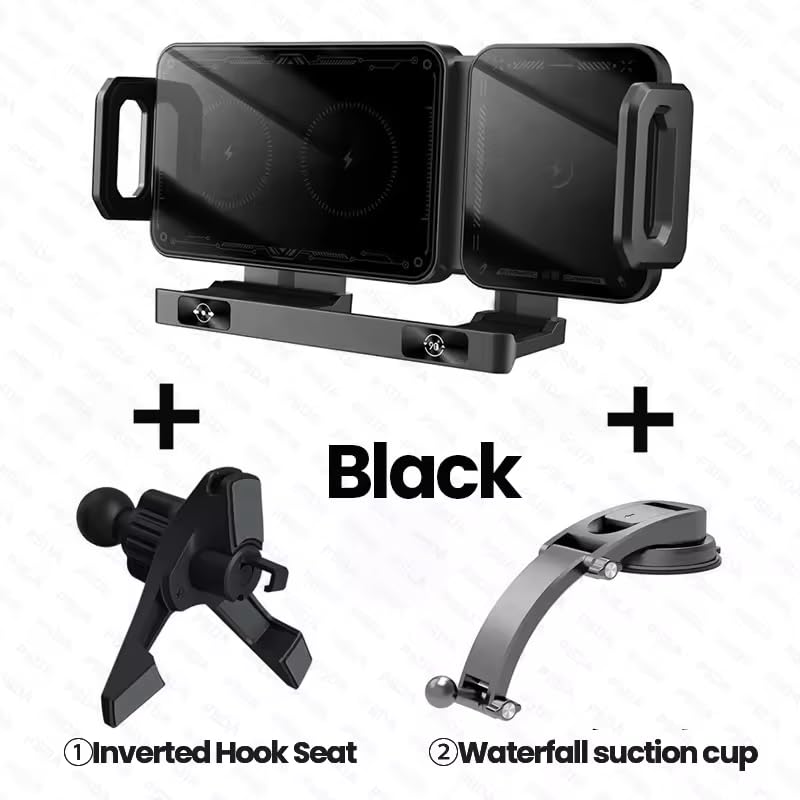 Famous Tech Shop Wireless Car Charger Mount 15W Fast Charging Phone Holder with Auto Rotation, Dual Mount Dashboard and Windshield Car Phone Holder for iPhone and Android