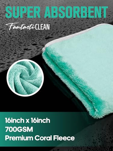Fantasticlean Microfiber Car Detailing Towels, Car Drying Towel with Edge, Plush, Coral Fleece, 700GSM, 16" x 16", 6 Pack, Scratch-Free, Ultra Absorbent, Car RV Boat House Cleaning (Grey and Green)