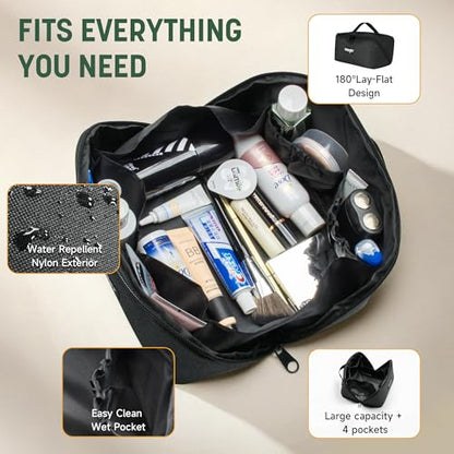 Wrangler Travel Toiletry Bag for Men & Women, Large Capacity Makeup Organizer with 4 Pockets, Water-Resistant Nylon, 180° Lay-Flat Cosmetic Bag with Handle & Double Zipper for Travel, Bathroom & Gym - color: Black
