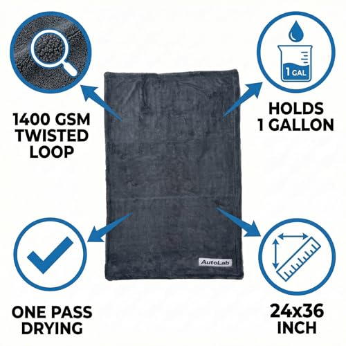 24"x36" Magic Microfiber Twisted-Loop Drying Towel, 1400GSM, Ultra Absorbent, Streak Free, Lint Free, Reusable - Car Accessories, Microfiber Cleaning Cloth - Professional Grade