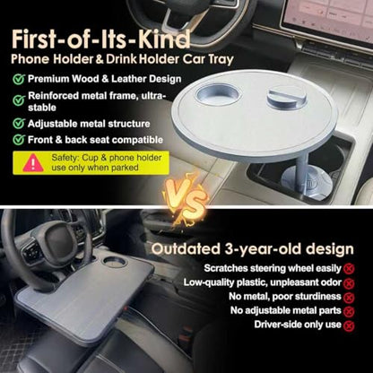 Car Food Tray & Car Table Tray with Car-Grade Aluminum Cup Holder & Phone Stand, Premium Wood with Leather Surface, 360° Rotating Car Desk for Laptop &Eating (Round, White) - color: 𝗥𝗼𝘂𝗻𝗱 · White