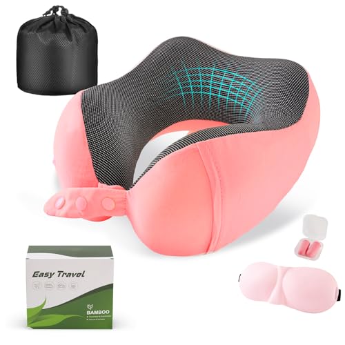 Cirorld Neck Pillow for Traveling, Travel Pillows for Airplanes,100% Pure Memory Foam Travel Neck Pillow, Adjustable Flight Pillow, Portable Plane Accessories with Eye Mask, Earplugs, Carry Bag - color: Red(with Bamboo Cover ＆ Gift Box)