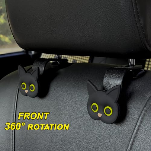 Car Seat Headrest Hooks,2 Pack Black Cute Cartoon Cat Hook 360° Rotation Heavy Duty Car Purse Hook Hanger for Bags, Coats, Umbrellas, Groceries, Universal Vehicle Fit - color: Black