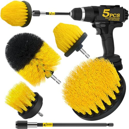 Holikme 5Pack Drill Brush Attachment Set，Power Scrubber Brush Extended Long Attachment for Bathroom Surfaces, Grout, Floors, bathtubs, Showers, Tiles, Kitchens and Cars，Yellow - color: Yellow