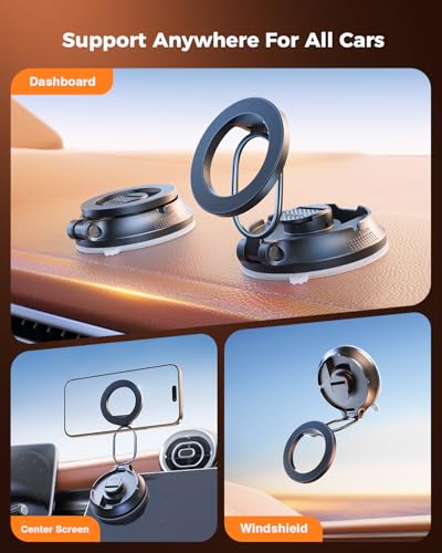 【2026 Newest】SUPERONE for Magsafe Car Mount Suction Cup,【Strongest Suction, 70% Less Spcae】Magnetic Car Phone Holder, Vacuum Phone Mount Foldable Car Accessories for iPhone 17 Pro Max/16/15/14/13/12 - color: Black