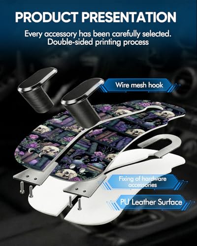 WOCOCN 2 Pack Car Purse Hook for Car Seat Headrest, Double-Sided PrintingPU Leather Purse Holder with Metal Hook, Cute Car Accessories for Women, Men (Car hook - Purple bookshelf skeleton A) - color: Car hook - Purple bookshelf skeleton A