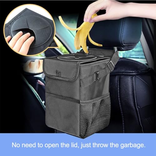 Car Trash Can with Lid and Storage Pockets - 100% Leak-Proof Organizer, Multipurpose Trash Bin for Car, Black