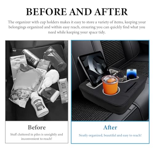 Car Back Seat Organizer, Leather Automotive Rear Seat Couch Cup Holder Expander Tray, Vehicle Cup Holder Tray Holds Snacks Remotes Phones for Truck RV Boat Couch Pillow Bed - color: Black